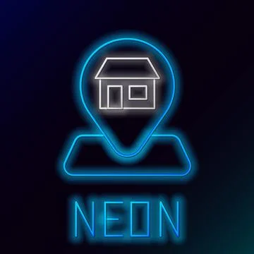 Glowing neon line Map pin with Shopping building or market store icon isola.. Ilustración de archivo