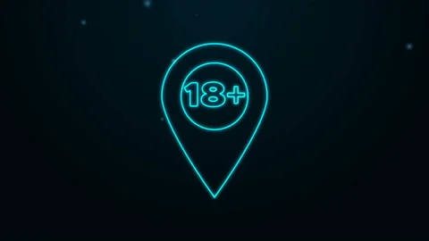 Glowing neon line Map pointer with 18 plus icon isolated on black background Stock Footage 139498337