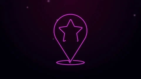 Glowing neon line Map pointer with star icon isolated on purple background. Star 스톡 동영상 139762102