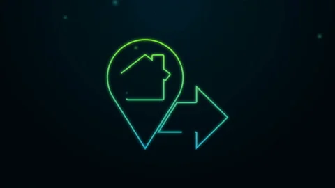 Glowing neon line Map pointer with house icon isolated on black background. Home Video stock 140295299