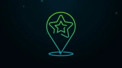 Glowing neon line Map pointer with star icon isolated on black background. Star Video stock 140415834