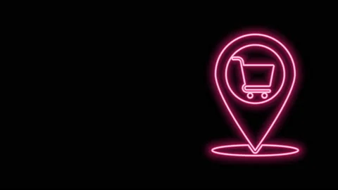 Glowing neon line Map pointer with shopping cart icon isolated on black Stock Footage 140880150