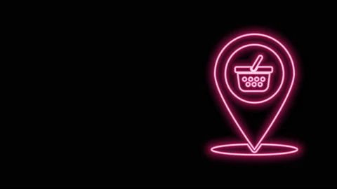 Glowing neon line Map pointer with shopping basket icon isolated on black 스톡 동영상 140882734