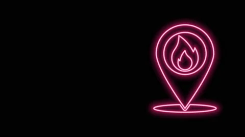 Glowing neon line Map pointer with fire flame icon isolated on black background Stock Footage 140884998