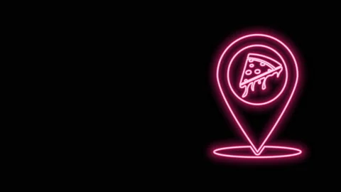 Glowing neon line Map pointer with fast food slice pizza icon isolated on black Stock Footage 140886455