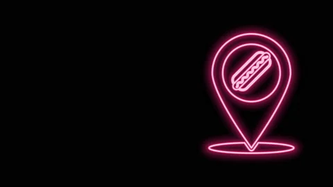 Glowing neon line Map pointer with fast food hotdog icon isolated on black Stock Footage 140886461