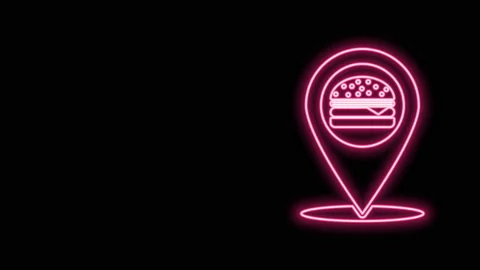 Glowing neon line Map pointer with fast food burger icon isolated on black Stock Footage 140886469