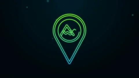 Glowing neon line Map pointer with mountain icon isolated on black background Stock Footage 142849727