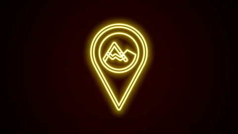Glowing neon line Map pointer with mountain icon isolated on black background Stock Footage 142916124