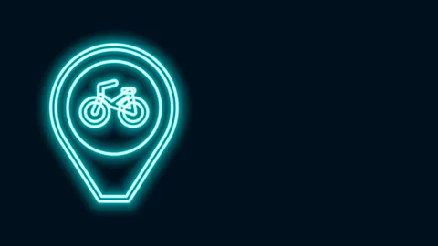 Glowing neon line Map pointer with bicycle icon isolated on black background. 4K Stock Footage 143223071