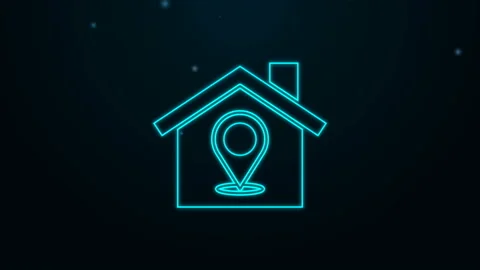 Glowing neon line Map pointer with house icon isolated on black background. Home Video stock 145434019