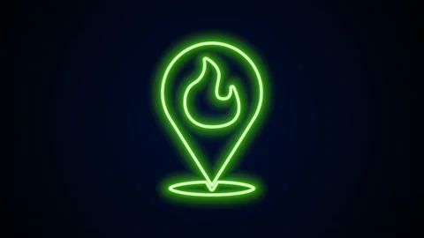 Glowing neon line Map pointer with fire flame icon isolated on black background Stock Footage 148447838
