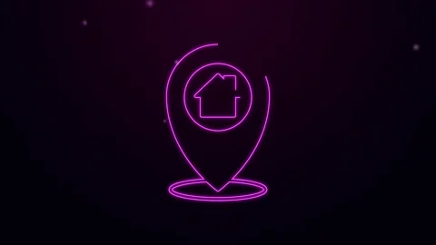 Glowing neon line Map pointer with house icon isolated on black background. Home 스톡 동영상 154102876
