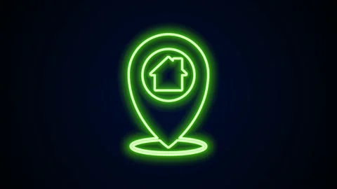Glowing neon line Map pointer with house icon isolated on black background. Home 스톡 동영상 154102883