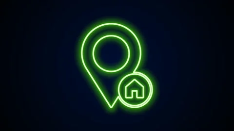 Glowing neon line Map pointer with house icon isolated on black background. Home 스톡 동영상 168137154