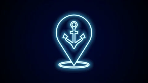 Glowing neon line Map pointer with anchor icon isolated on black background. 4K Video stock 227354146