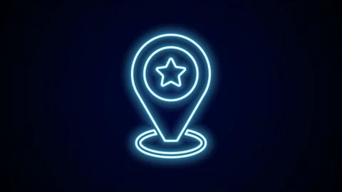 Glowing neon line Map pointer with star icon isolated on black background. Star Video stock 227364920