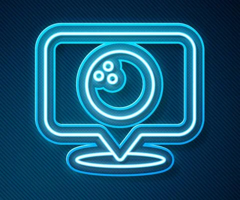 Glowing neon line Map pointer with bowling ball icon isolated on blue background イラスト素材