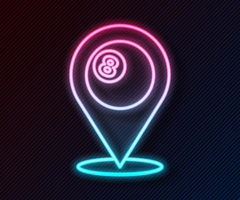 Glowing neon line Map pointer with billiard pool snooker ball with number 8 icon Stock Illustration
