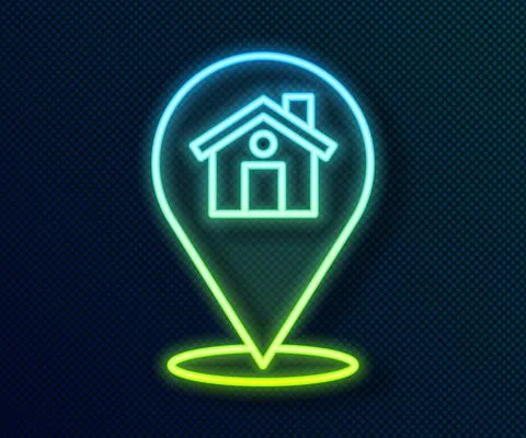 Glowing neon line Map pointer with house icon isolated on black background. Home 库存插图
