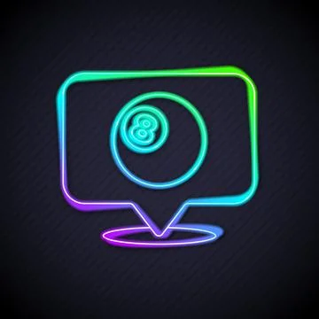 Glowing neon line Map pointer with billiard pool snooker ball with number 8 icon Stock Illustration