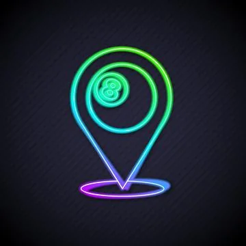 Glowing neon line Map pointer with billiard pool snooker ball with number 8 icon Stock Illustration