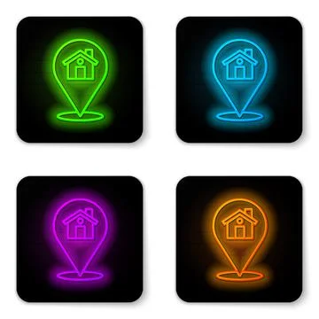 Glowing neon line Map pointer with house icon isolated on white background. Home Stockillustratie