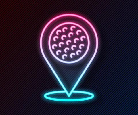 Glowing neon line Map pointer with golf sport club icon isolated on black イラスト素材