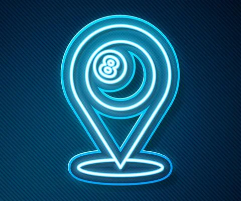 Glowing neon line Map pointer with billiard pool snooker ball with number 8 icon Stock Illustration