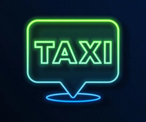 Glowing neon line Map pointer with taxi icon isolated on blue background Stock Illustration