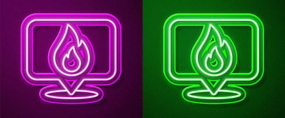 Glowing neon line Map pointer with fire flame icon isolated on purple and green イラスト素材