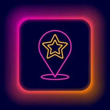 Glowing neon line Map pointer with star icon isolated on black background. Star Illustrazione stock