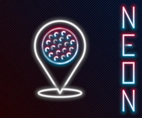 Glowing neon line Map pointer with golf sport club icon isolated on black イラスト素材