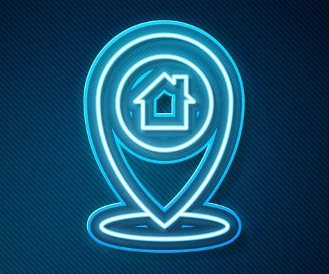 Glowing neon line Map pointer with house icon isolated on blue background. Home Stock Illustration