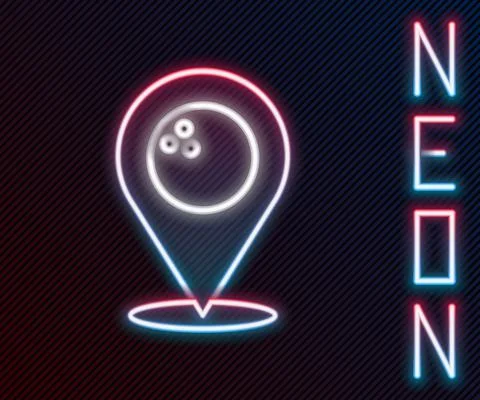 Glowing neon line Map pointer with bowling ball icon isolated on black Stock Illustration