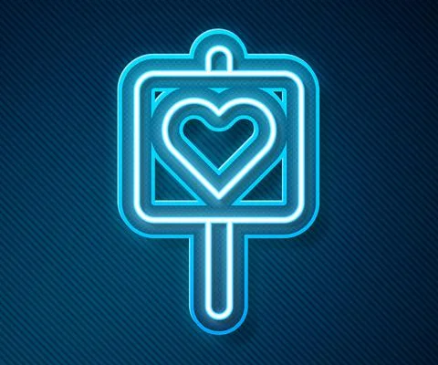 Glowing neon line Map pointer with heart icon isolated on blue background Stock Illustration