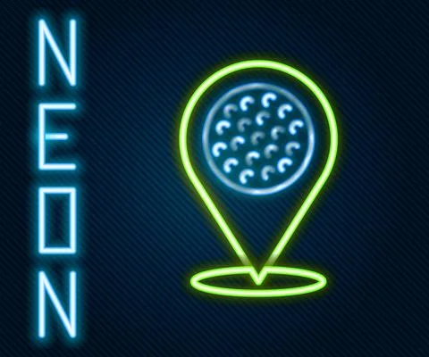 Glowing neon line Map pointer with golf sport club icon isolated on black Stock Illustration