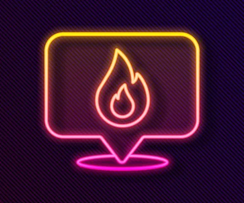 Glowing neon line Map pointer with fire flame icon isolated on black background イラスト素材