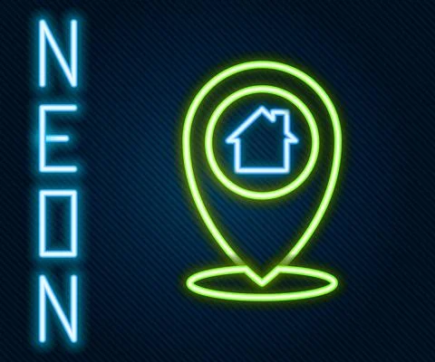 Glowing neon line Map pointer with house icon isolated on black background. Home イラスト素材