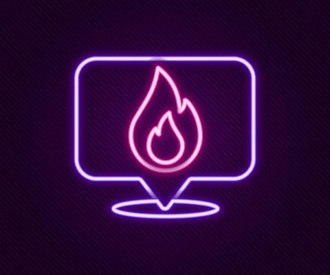 Glowing neon line Map pointer with fire flame icon isolated on black background 스톡 일러스트