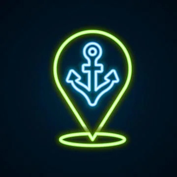 Glowing neon line Map pointer with anchor icon isolated on black background Stockillustratie