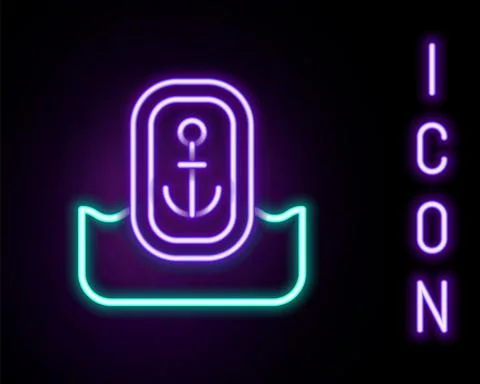 Glowing neon line Map pointer with anchor icon isolated on black background Illustrazione stock