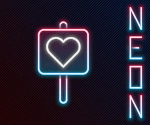 Glowing neon line Map pointer with heart icon isolated on black background Stock Illustration