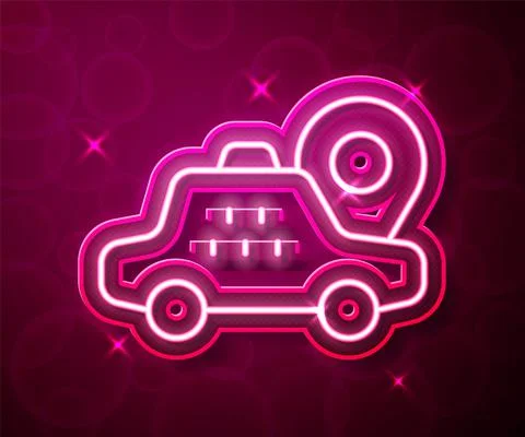 Glowing neon line Map pointer with taxi car icon isolated on red background Illustrazione stock