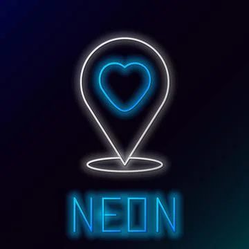 Glowing neon line Map pointer with heart icon isolated on black background Stock Illustration