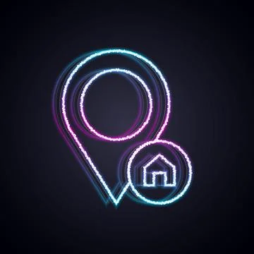 Glowing neon line Map pointer with house icon isolated on black background. Home Illustrazione stock