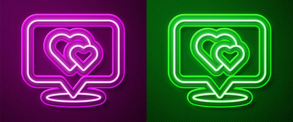 Glowing neon line Map pointer with heart icon isolated on purple and green ba Stock Illustration