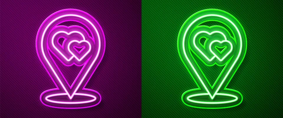 Glowing neon line Map pointer with heart icon isolated on purple and green ba イラスト素材