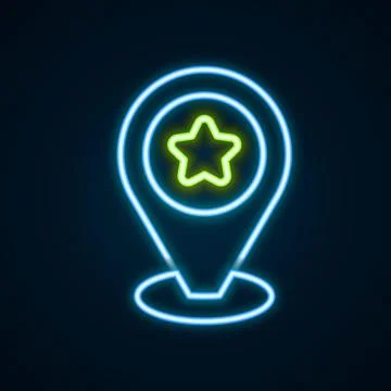 Glowing neon line Map pointer with star icon isolated on black background. Star イラスト素材