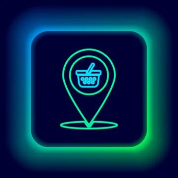 Glowing neon line Map pointer with shopping basket icon isolated on black Illustrazione stock